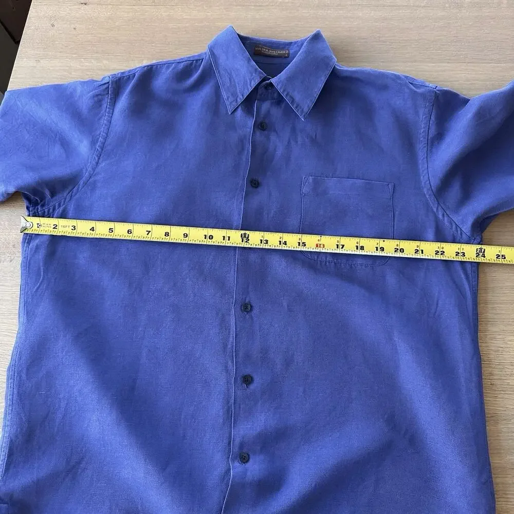 Tasso Elba Silk Linen Short Sleeve Camp Shirt Men's M Blue Coastal Preppy Island